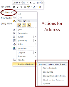 Right Click Menu: Action - Address (Word 2010)