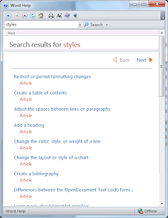 Help: Search results for 'styles' off line (Word 2010)
