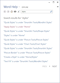 Help: Search results for 'styles' off line (Word 2013)
