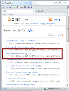 Help: Search results online- 'styles' (Word 2010)