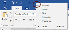 Right click on Title bar to see control menu (Word 2016)