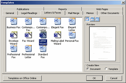 Dialog - Templates with Letter Wizard selected (2003)