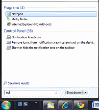 Win7 - Start menu search box, looking for notepad