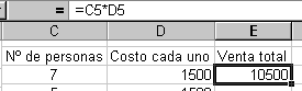 Celda E5 = Valor; Fómula bar =C5*D5