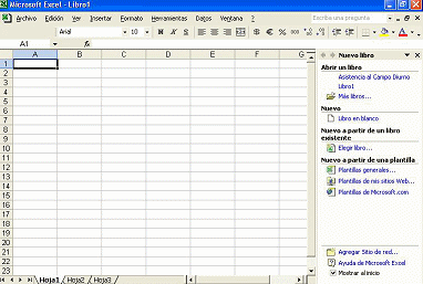 Excel: Hoja en blancomaximizada, con Panel de tareas