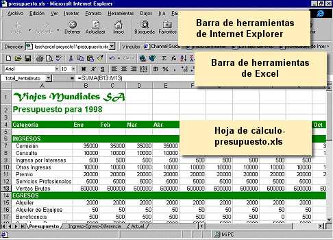 presupuesto.xls en IE con barras de herramientas de Excel