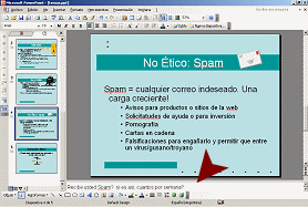 La diapositiva "No ético: Spam" tiene notas que muestran en el Panel de Notas en el fondo. 