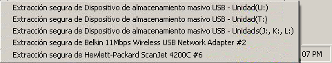 Menú: Extracción segura de dispositivo de almacenamiento masivo USB - lista de dispositivos - list of devices
