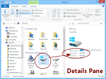 Details pane showing free space for drive (Win8.1)