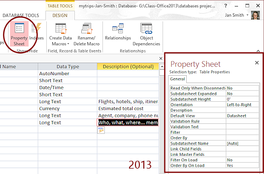 Property Sheet for the table (Access 2013)