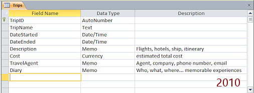 Table: Trips - field names and data types