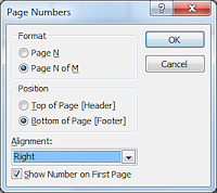 Dialog: Page Numbers - N of M, in footer, Right (Access 2010)