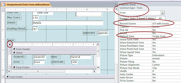 Form Design View: Form inside a subform control is selected