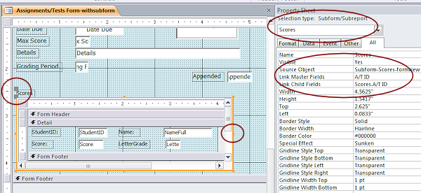 Form Design View: Subform control is selected