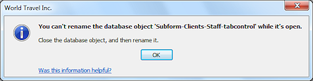 Message: You can't rename the database object while it is open