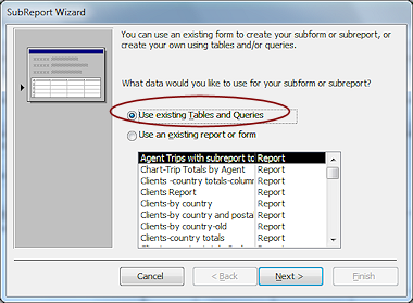Subreport Wizard - Step 1: Existing Tables & Queries (Access 2010)