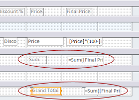Design View: added total manually to group footer and report footer, =sum([Final Price]) (Access 2010)