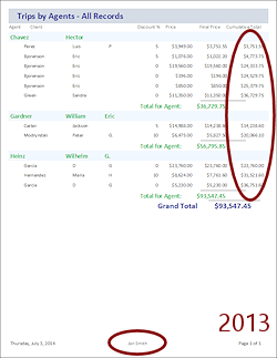 Print Preview: Trips by Agent, with cumulative totals (Access 2013)