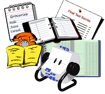 Examples of simple databases: grocery list, address book, phone book, table of test scores, ledger, rolodex