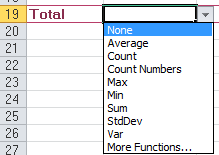 List of functions for a Total row (Excel 2010)