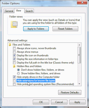 Dialog: Folder Options - View - uncheck hide extensions  (Win7)