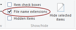Ribbon: View > Show/Hide > File name extensions (Win8)