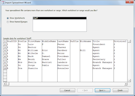 Dialog: Import Spreadsheet Wizard - step 1: Which worksheet or range? (Access 2010)