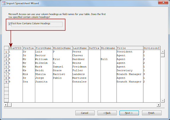 Dialog: Import Spreadsheet Wizard: step 3: First row contains column headings (Access 2010)
