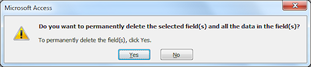 Message: Do you want to permanently delete the selected field(s) and the data in the field(s)? (Access 2010)