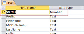 Table Design View: Staff table - StaffID as Number type