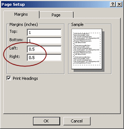 Dialog: Page Setup -Left and Right  Margins changed to half inch