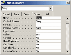 Dialog: Properties for Diary control