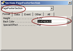 Dialog: Properties - page footer -back color