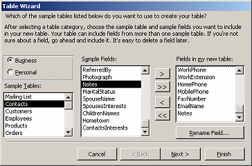 Table Wizard: Step 1 - choose sample table and fields