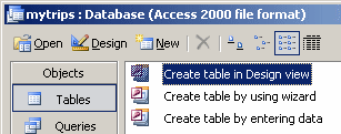 Database Window: Create table in Design view