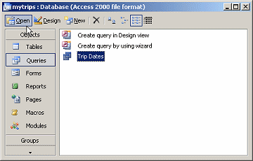Database Window: Query - Trip Dates