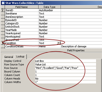 Table Design View: Lookup tab using list for row source
