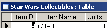 Title bar: Starwars Collectibles: Table