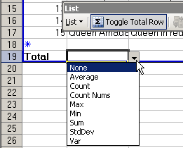 Totals row with function list open