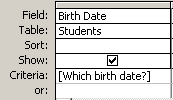 Query Design View: Birth Date field with parameter