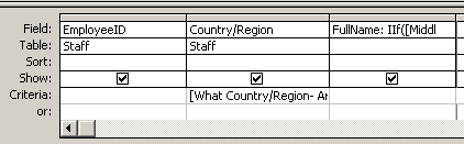 Query Design View: Parameter - list of countries