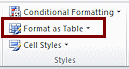 Ribbon: Home > Styles tab group > Format as Table (Excel 2010)