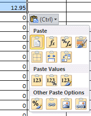 Button: Paste Options - menu dropped (Excel 2010)