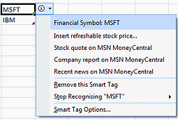 Button: Smart Tag action menu for a financial symbol (Excel 2007)