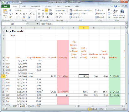 Example: pay records (Excel 2010)