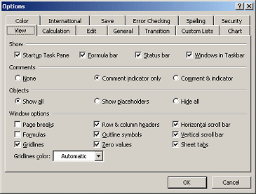 Dialog: Options | View (Excel 2002)