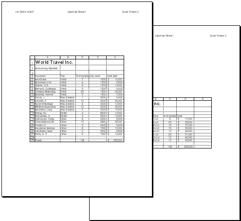 Trips.xls Sheet 1 printing as two pages with gridlines, headings, and repeated titles