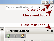 Three Close buttons - pane, workbook, Excel