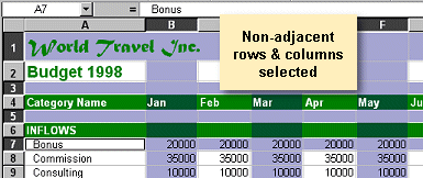 Non-adjacent rows and columns selected