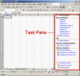 Excel window with the default task pane, New Workbook